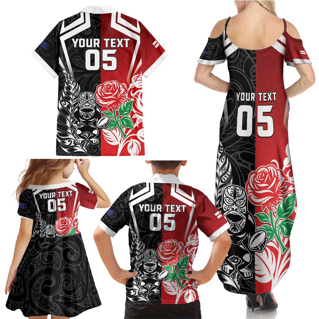 New Zealand And England Rugby Custom Family Matching Summer Maxi Dress and Hawaiian Shirt Maori Tiki With Red Rose Together