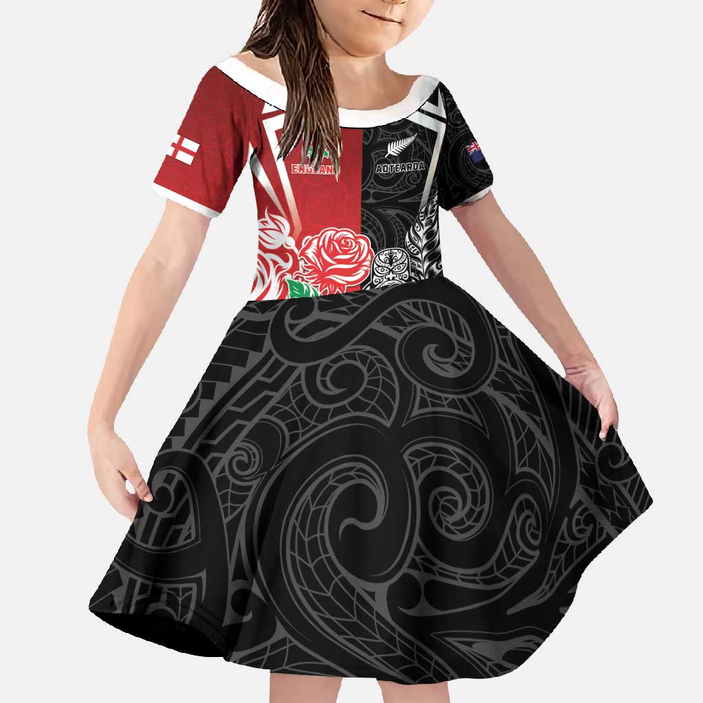 New Zealand And England Rugby Custom Family Matching Tank Maxi Dress and Hawaiian Shirt Maori Tiki With Red Rose Together
