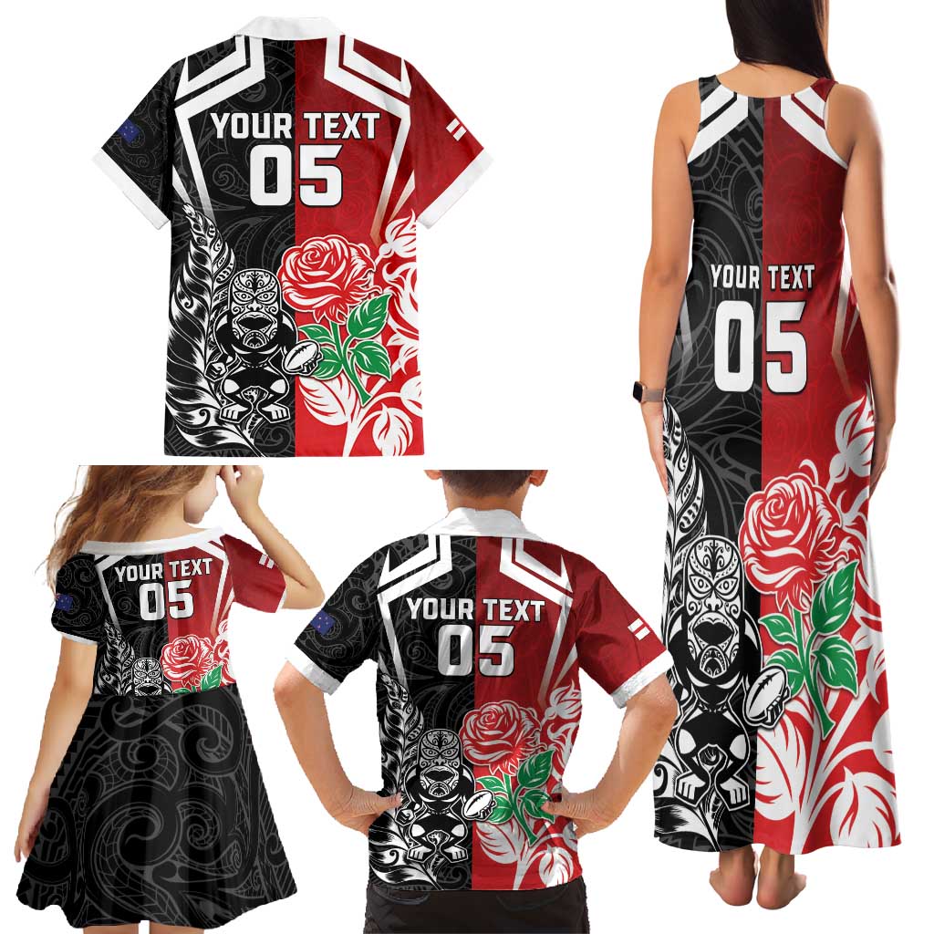 New Zealand And England Rugby Custom Family Matching Tank Maxi Dress and Hawaiian Shirt Maori Tiki With Red Rose Together