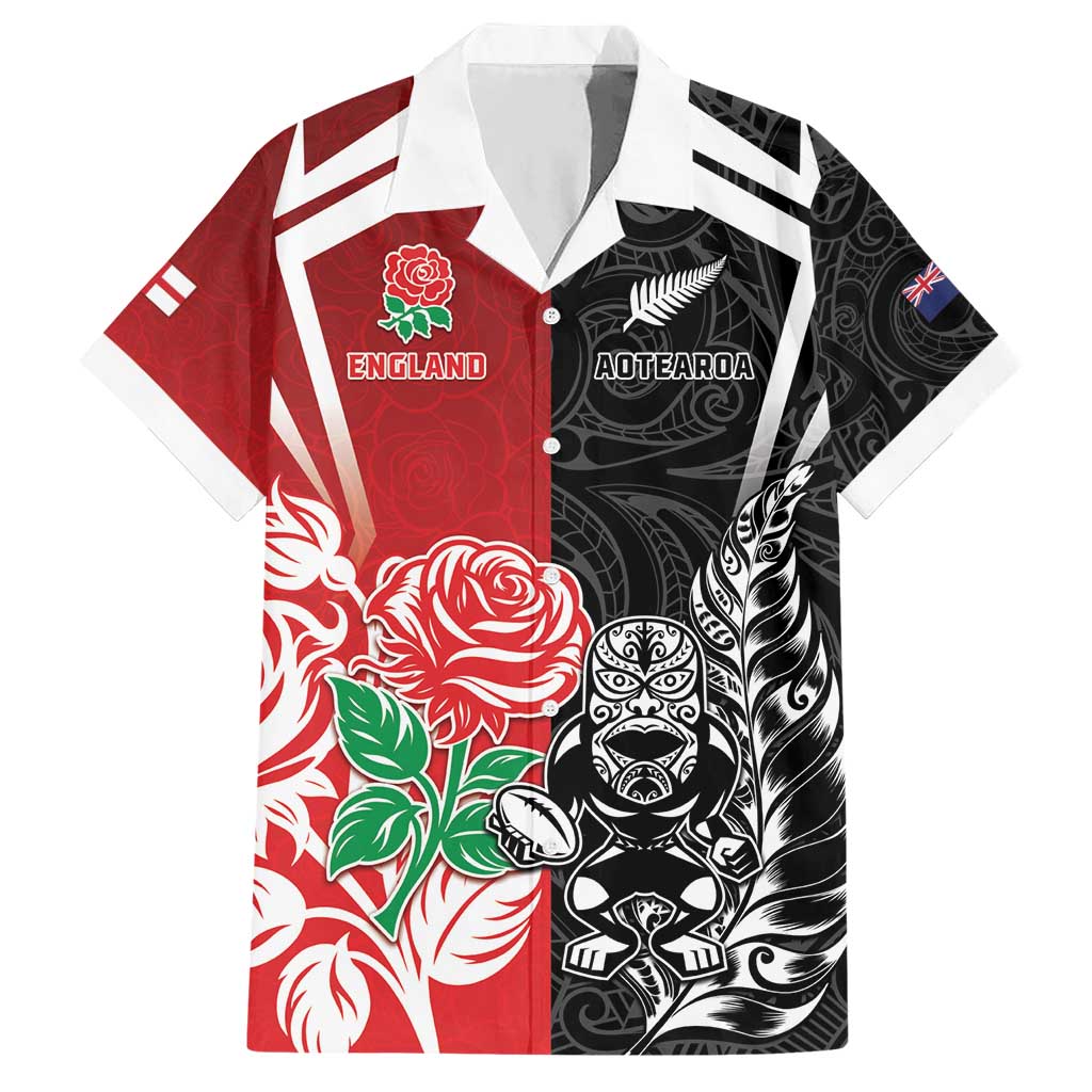 New Zealand And England Rugby Custom Hawaiian Shirt Maori Tiki With Red Rose Together