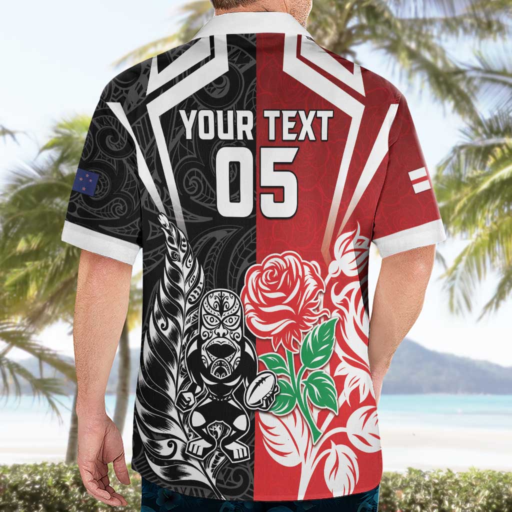 New Zealand And England Rugby Custom Hawaiian Shirt Maori Tiki With Red Rose Together