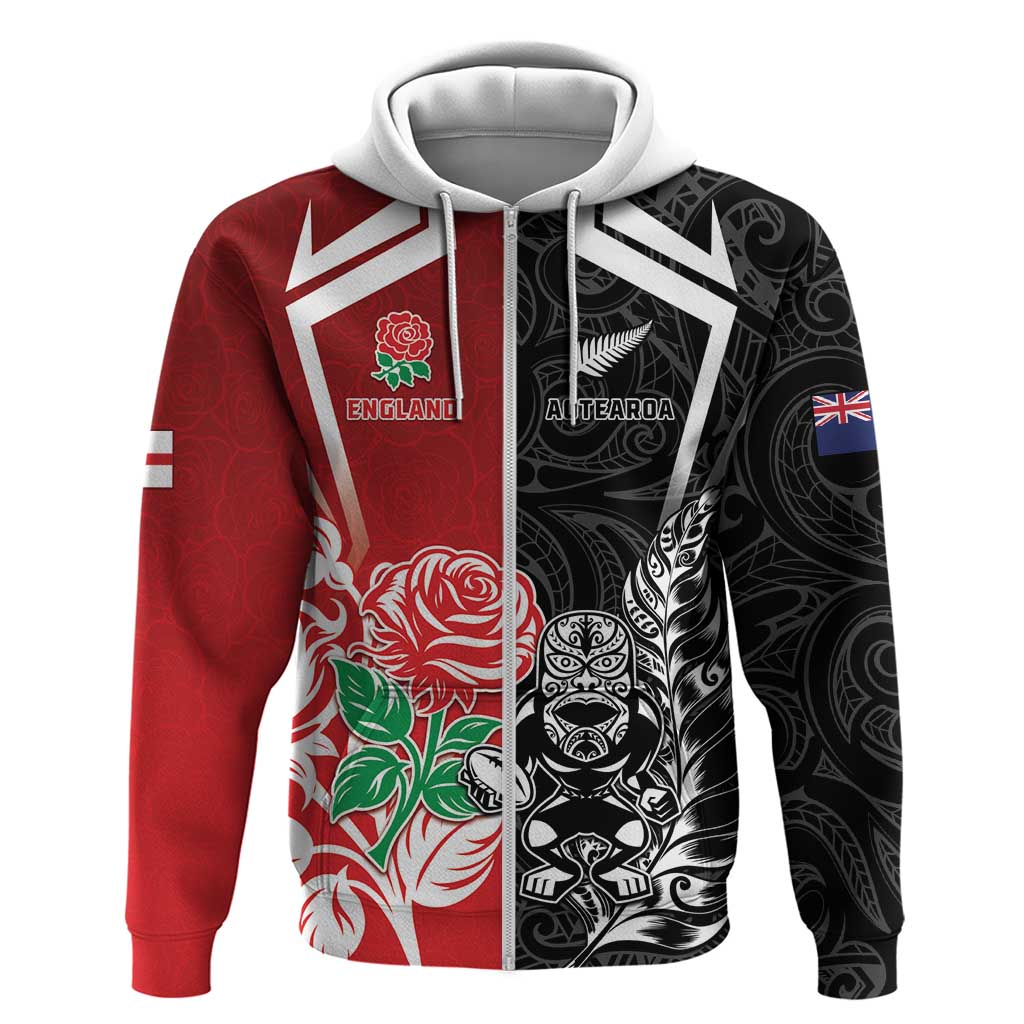 New Zealand And England Rugby Custom Hoodie Maori Tiki With Red Rose Together