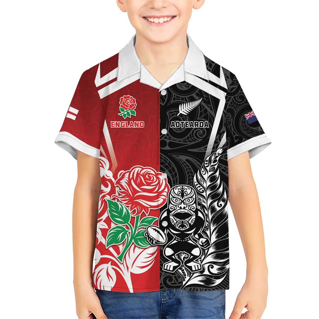 New Zealand And England Rugby Custom Kid Hawaiian Shirt Maori Tiki With Red Rose Together