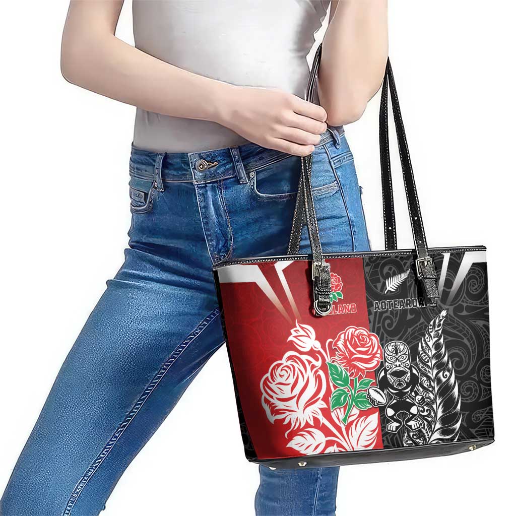 New Zealand And England Rugby Leather Tote Bag Maori Tiki With Red Rose Together