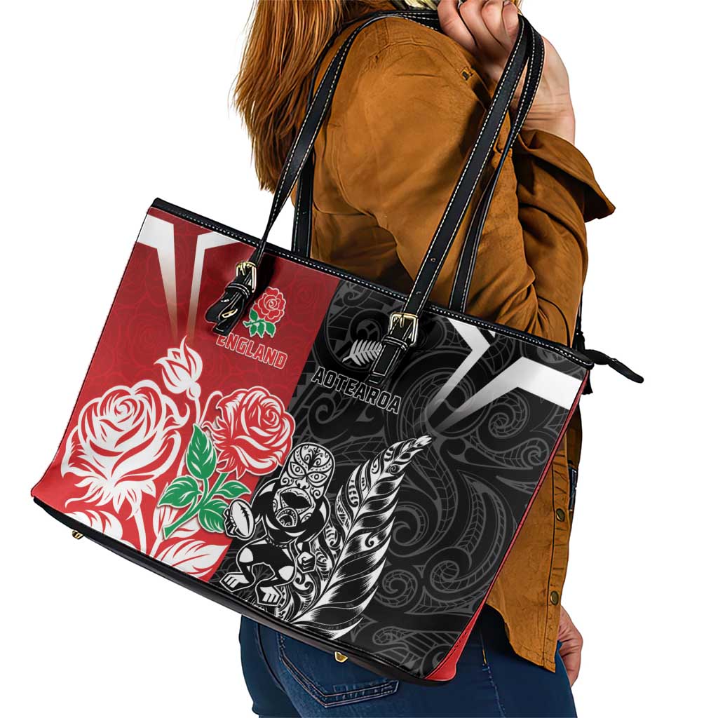 New Zealand And England Rugby Leather Tote Bag Maori Tiki With Red Rose Together