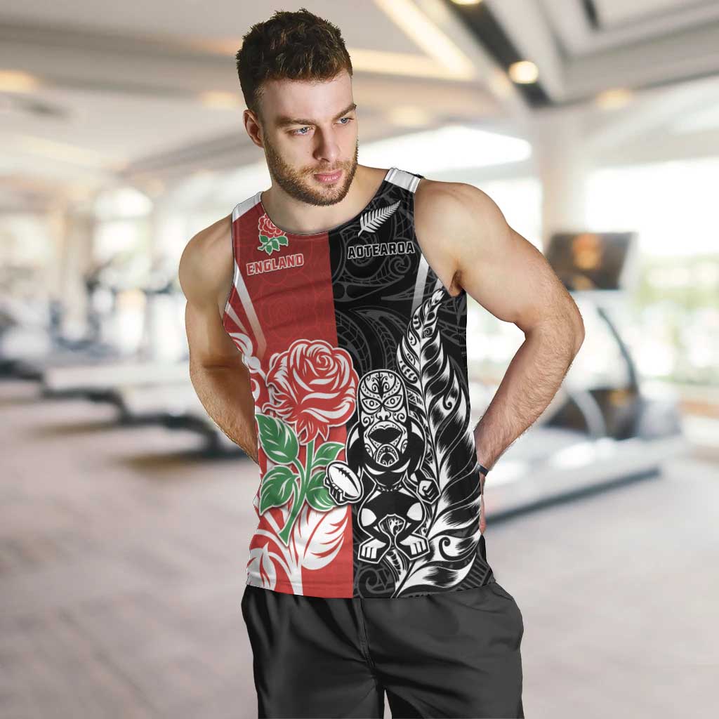 New Zealand And England Rugby Custom Men Tank Top Maori Tiki With Red Rose Together
