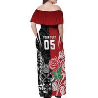 New Zealand And England Rugby Custom Off Shoulder Maxi Dress Maori Tiki With Red Rose Together