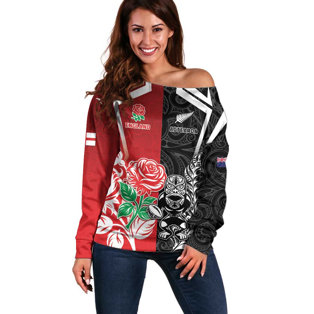 New Zealand And England Rugby Custom Off Shoulder Sweater Maori Tiki With Red Rose Together