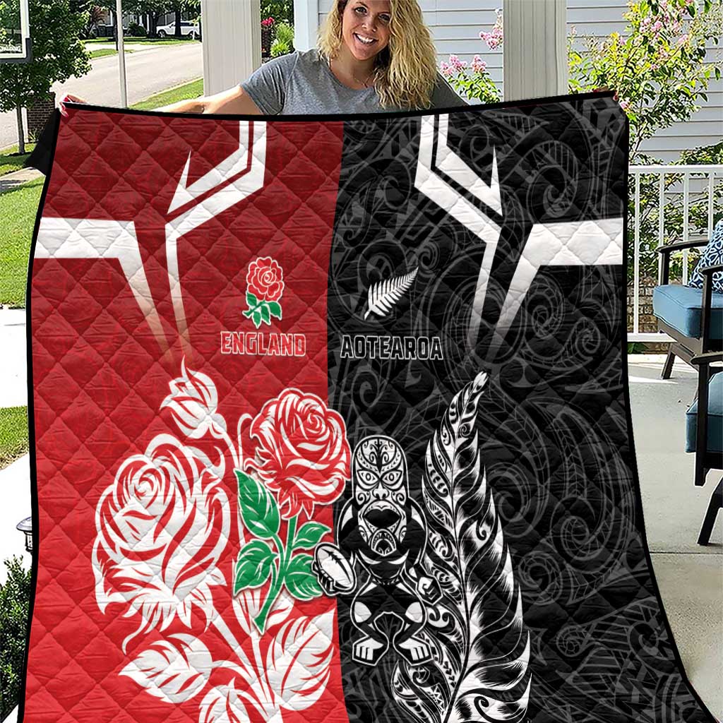 New Zealand And England Rugby Quilt Maori Tiki With Red Rose Together