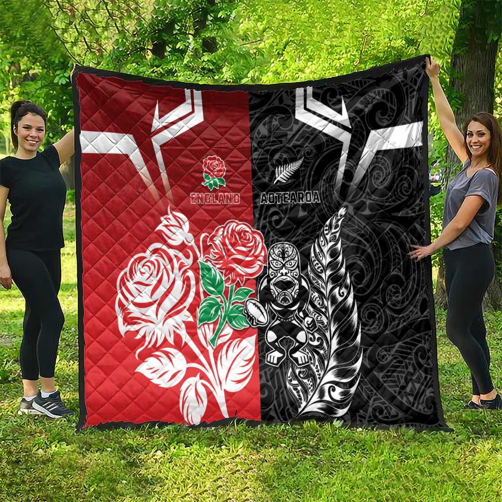 New Zealand And England Rugby Quilt Maori Tiki With Red Rose Together