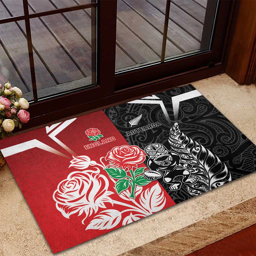 New Zealand And England Rugby Rubber Doormat Maori Tiki With Red Rose Together
