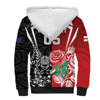 New Zealand And England Rugby Custom Sherpa Hoodie Maori Tiki With Red Rose Together