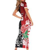New Zealand And England Rugby Custom Short Sleeve Bodycon Dress Maori Tiki With Red Rose Together