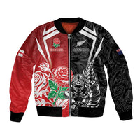 New Zealand And England Rugby Custom Sleeve Zip Bomber Jacket Maori Tiki With Red Rose Together