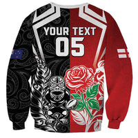 New Zealand And England Rugby Custom Sweatshirt Maori Tiki With Red Rose Together