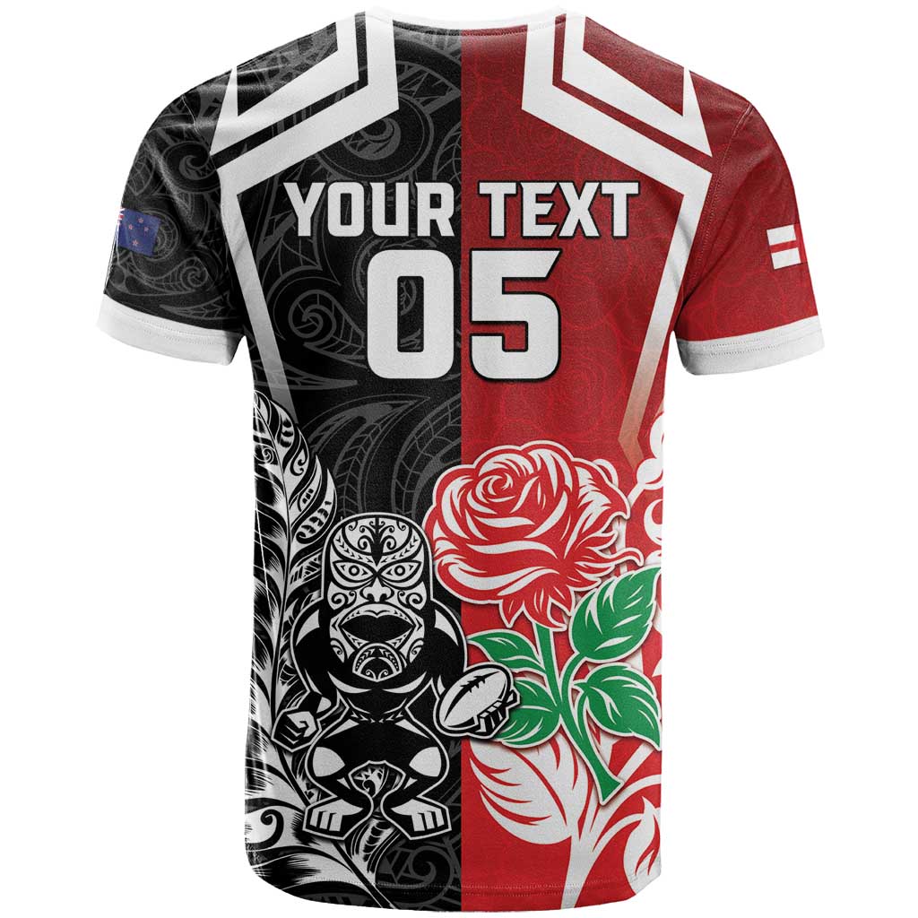 New Zealand And England Rugby Custom T Shirt Maori Tiki With Red Rose Together