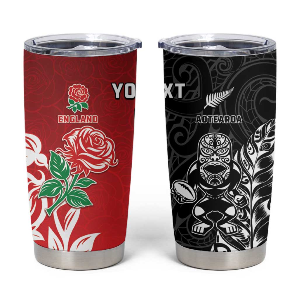 New Zealand And England Rugby Custom Tumbler Cup Maori Tiki With Red Rose Together