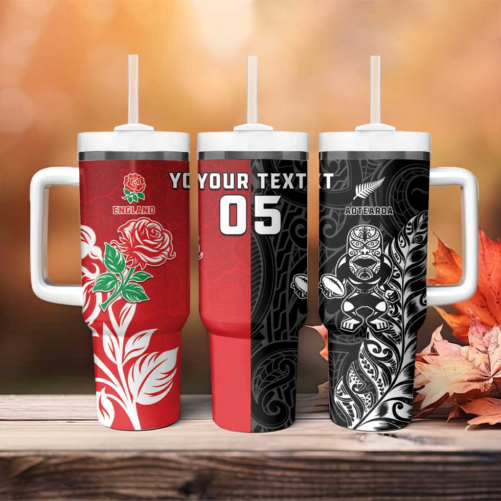 New Zealand And England Rugby Custom Tumbler With Handle Maori Tiki With Red Rose Together