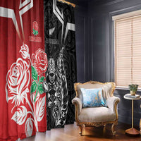 New Zealand And England Rugby Window Curtain Maori Tiki With Red Rose Together