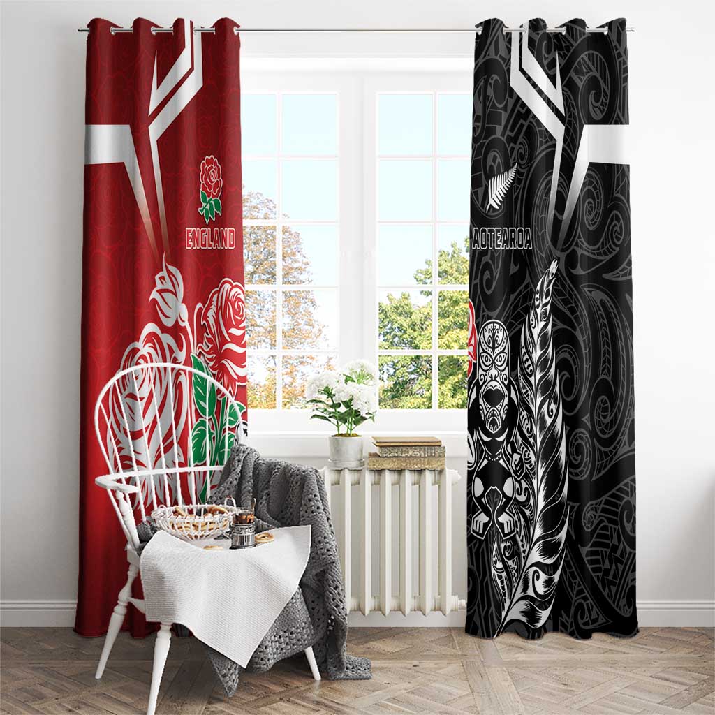New Zealand And England Rugby Window Curtain Maori Tiki With Red Rose Together