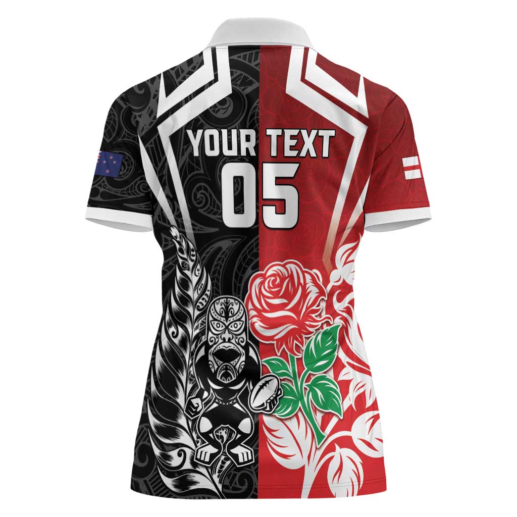 New Zealand And England Rugby Custom Women Polo Shirt Maori Tiki With Red Rose Together