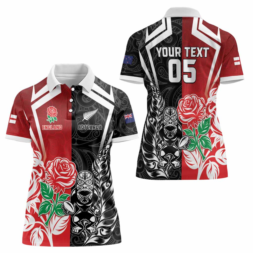 New Zealand And England Rugby Custom Women Polo Shirt Maori Tiki With Red Rose Together