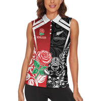 New Zealand And England Rugby Custom Women Sleeveless Polo Shirt Maori Tiki With Red Rose Together