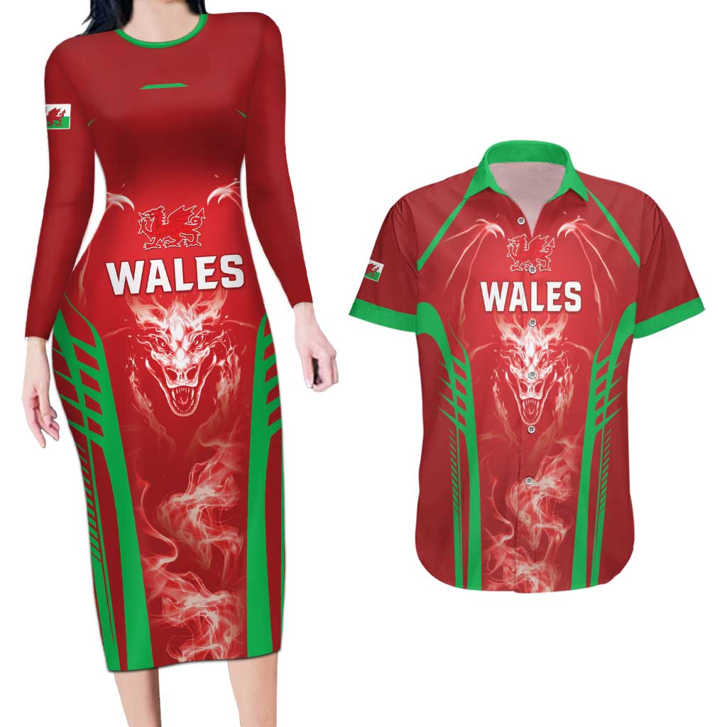 Wales Rugby Custom Couples Matching Long Sleeve Bodycon Dress and Hawaiian Shirt Go Welsh Dragon Unique Style