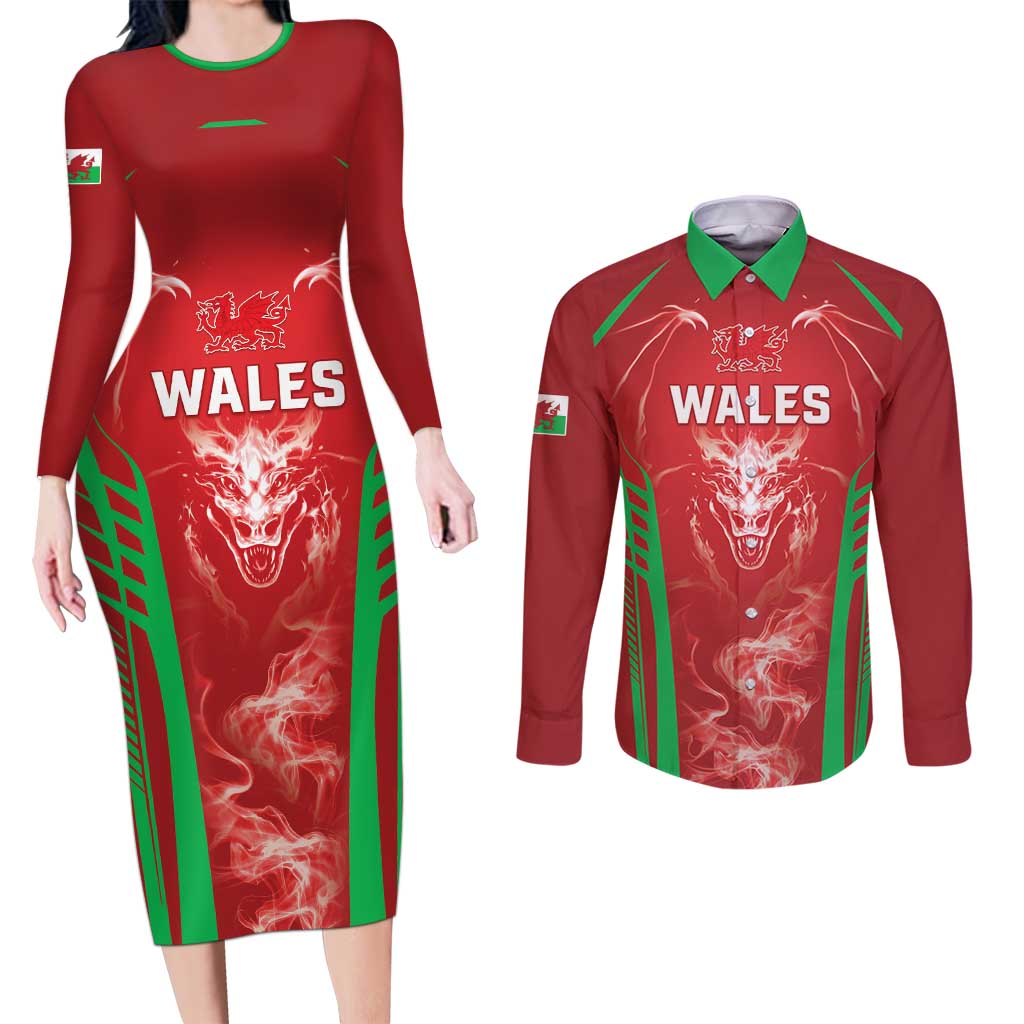Wales Rugby Custom Couples Matching Long Sleeve Bodycon Dress and Long Sleeve Button Shirt Go Welsh Dragon Unique Style
