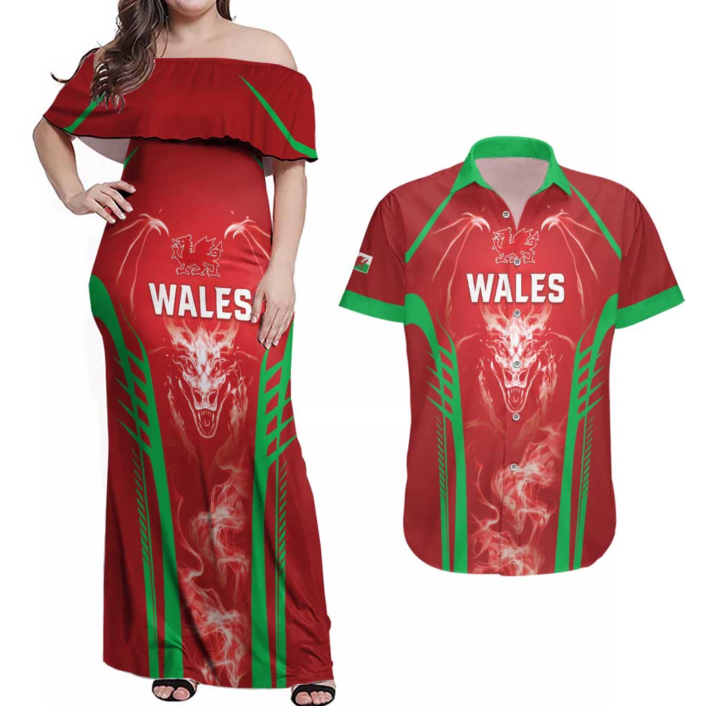 Wales Rugby Custom Couples Matching Off Shoulder Maxi Dress and Hawaiian Shirt Go Welsh Dragon Unique Style