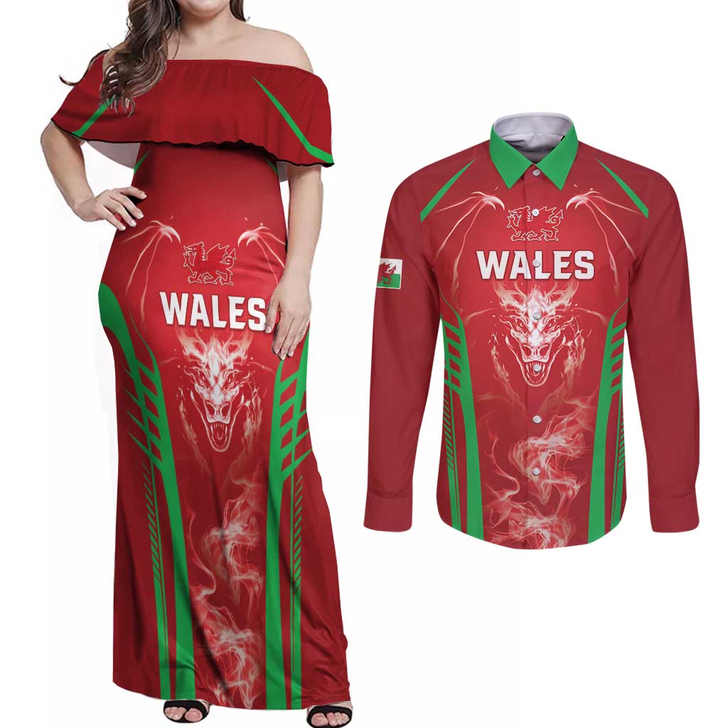 Wales Rugby Custom Couples Matching Off Shoulder Maxi Dress and Long Sleeve Button Shirt Go Welsh Dragon Unique Style