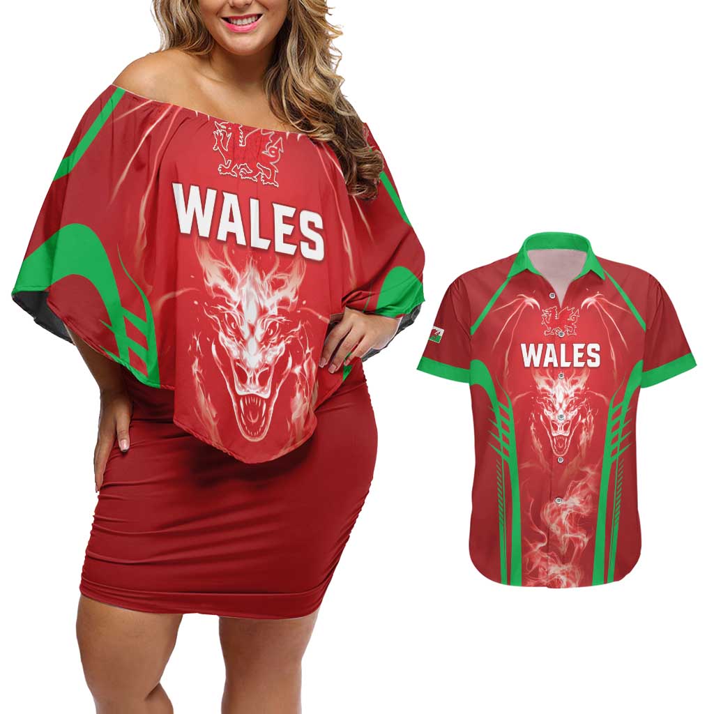 Wales Rugby Custom Couples Matching Off Shoulder Short Dress and Hawaiian Shirt Go Welsh Dragon Unique Style