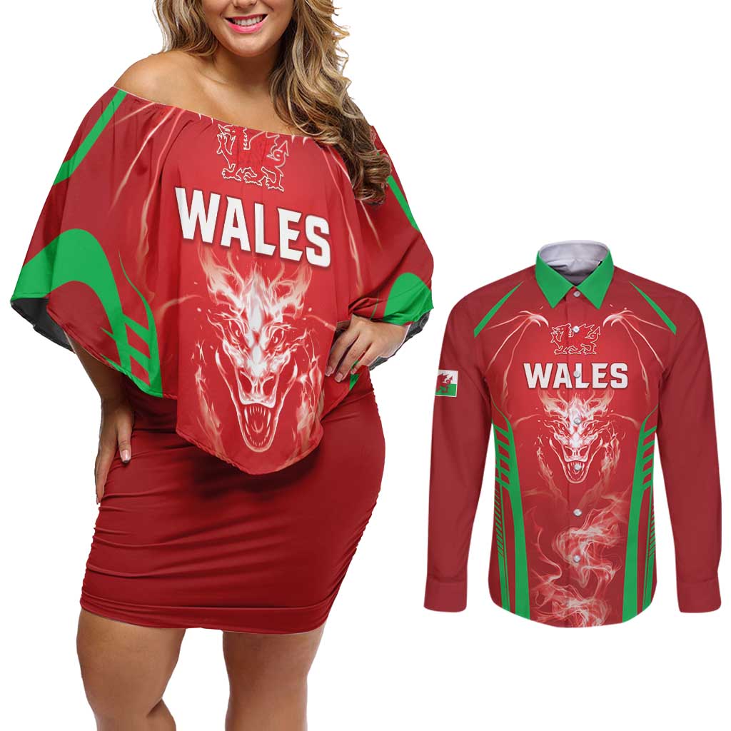 Wales Rugby Custom Couples Matching Off Shoulder Short Dress and Long Sleeve Button Shirt Go Welsh Dragon Unique Style