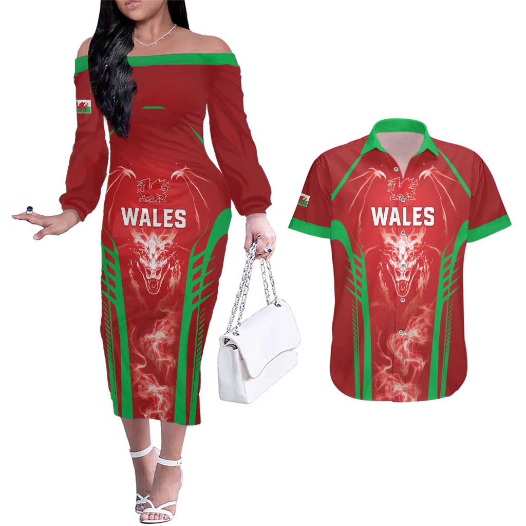 Wales Rugby Custom Couples Matching Off The Shoulder Long Sleeve Dress and Hawaiian Shirt Go Welsh Dragon Unique Style