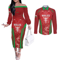Wales Rugby Custom Couples Matching Off The Shoulder Long Sleeve Dress and Long Sleeve Button Shirt Go Welsh Dragon Unique Style