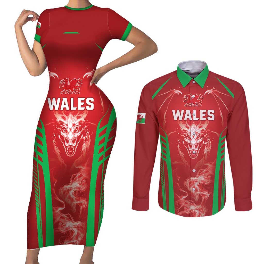 Wales Rugby Custom Couples Matching Short Sleeve Bodycon Dress and Long Sleeve Button Shirt Go Welsh Dragon Unique Style