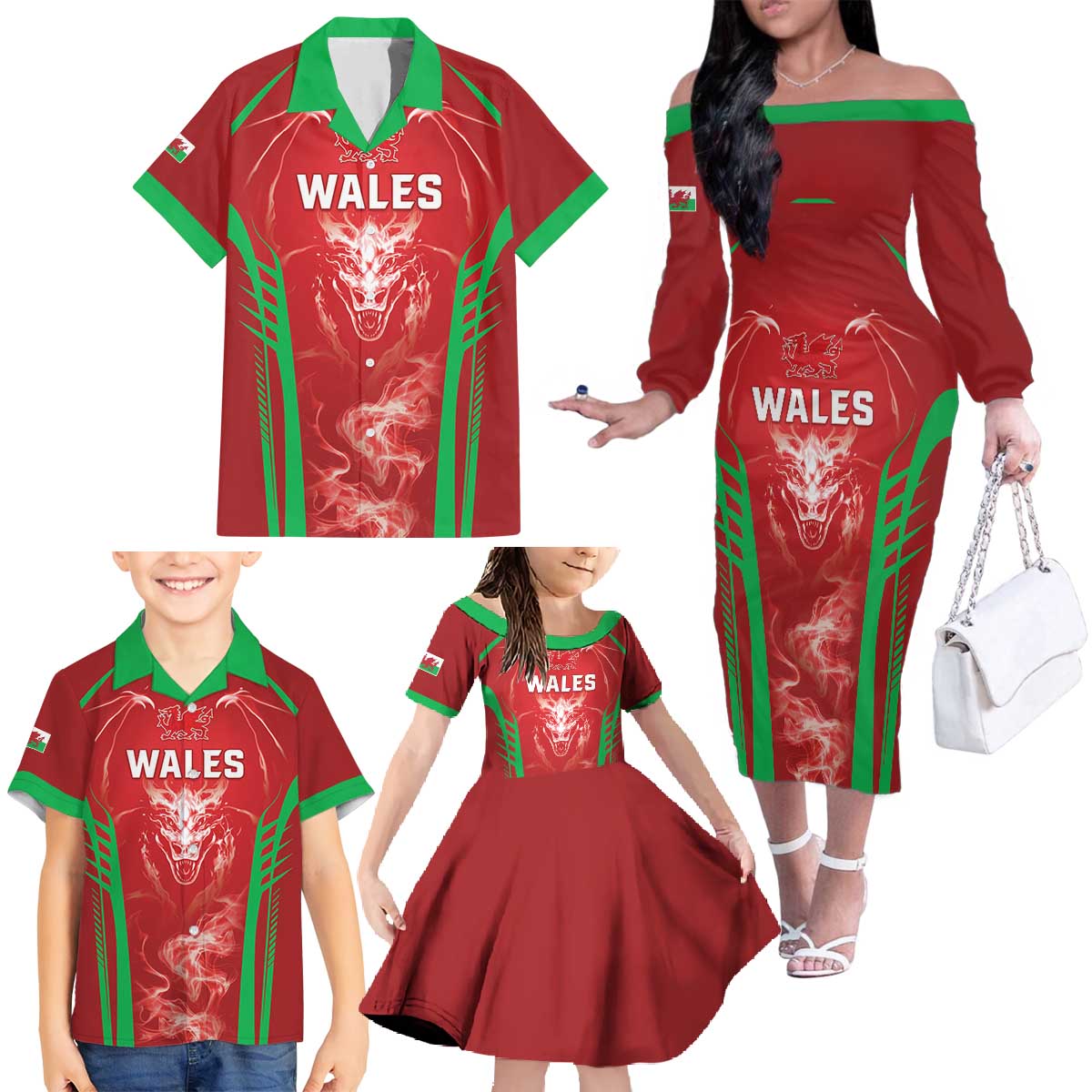 Wales Rugby Custom Family Matching Off The Shoulder Long Sleeve Dress and Hawaiian Shirt Go Welsh Dragon Unique Style