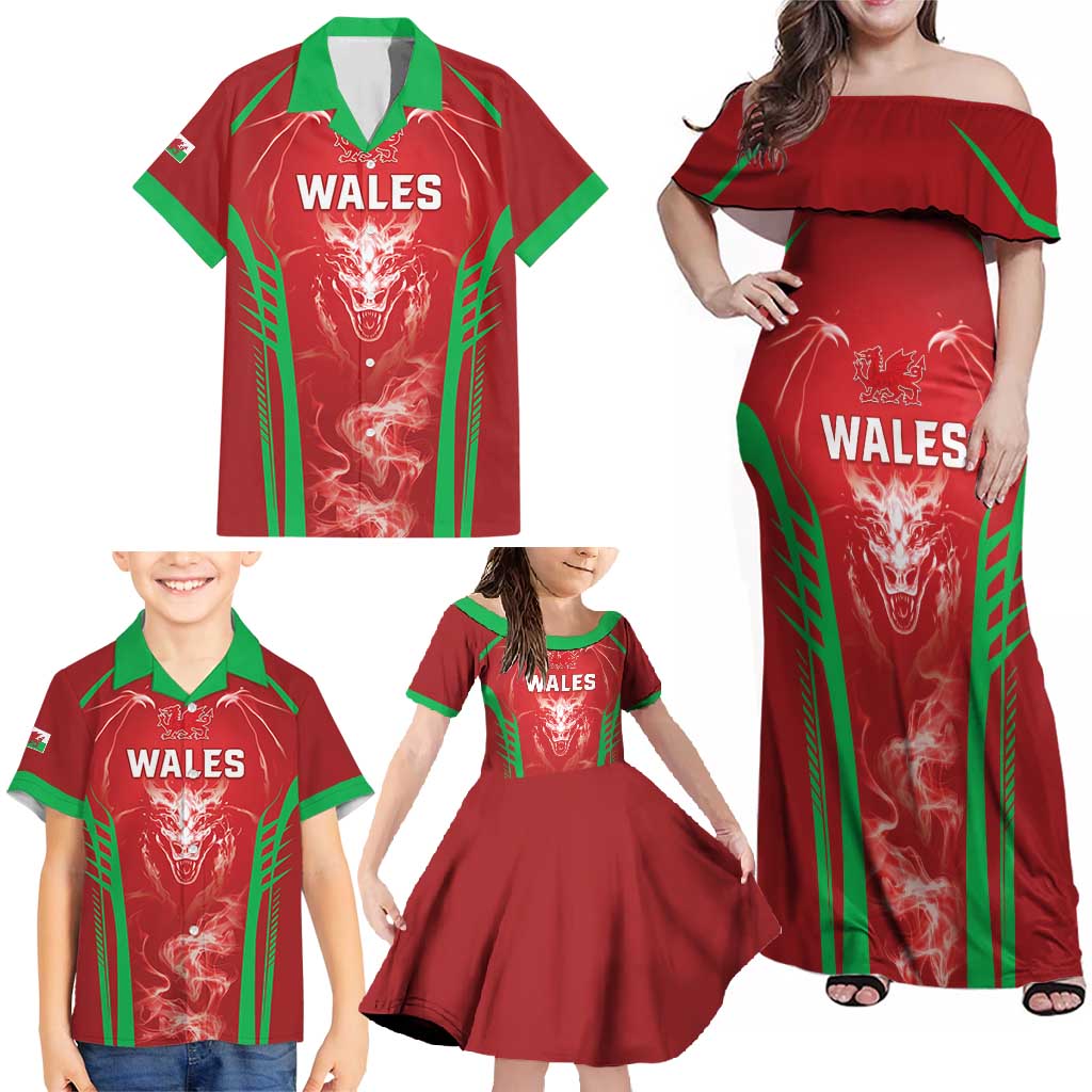 Wales Rugby Custom Family Matching Off Shoulder Maxi Dress and Hawaiian Shirt Go Welsh Dragon Unique Style