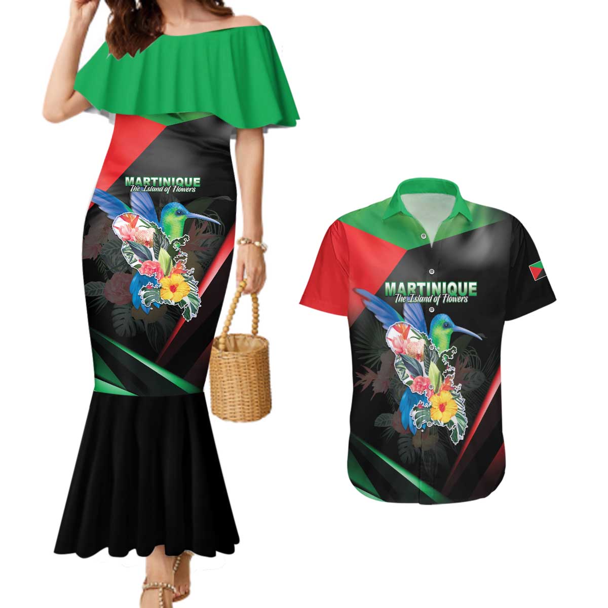 Personalized Martinique Couples Matching Mermaid Dress and Hawaiian Shirt The Island Of Flowers
