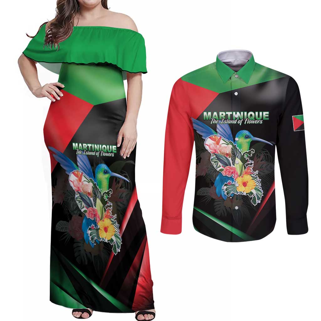Personalized Martinique Couples Matching Off Shoulder Maxi Dress and Long Sleeve Button Shirt The Island Of Flowers