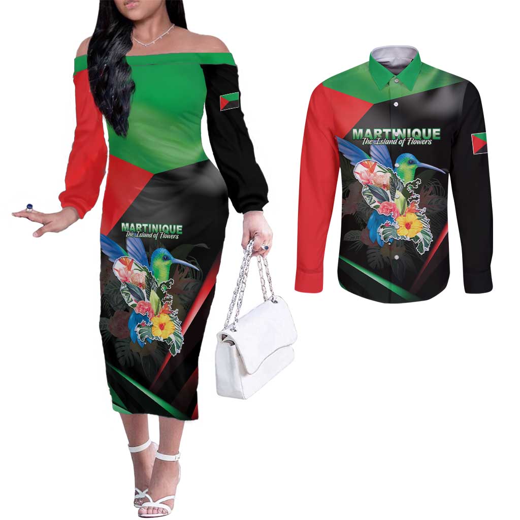 Personalized Martinique Couples Matching Off The Shoulder Long Sleeve Dress and Long Sleeve Button Shirt The Island Of Flowers