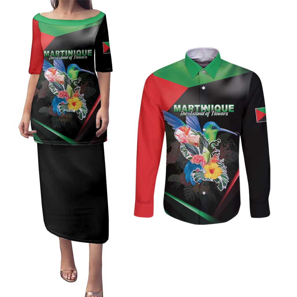 Personalized Martinique Couples Matching Puletasi and Long Sleeve Button Shirt The Island Of Flowers