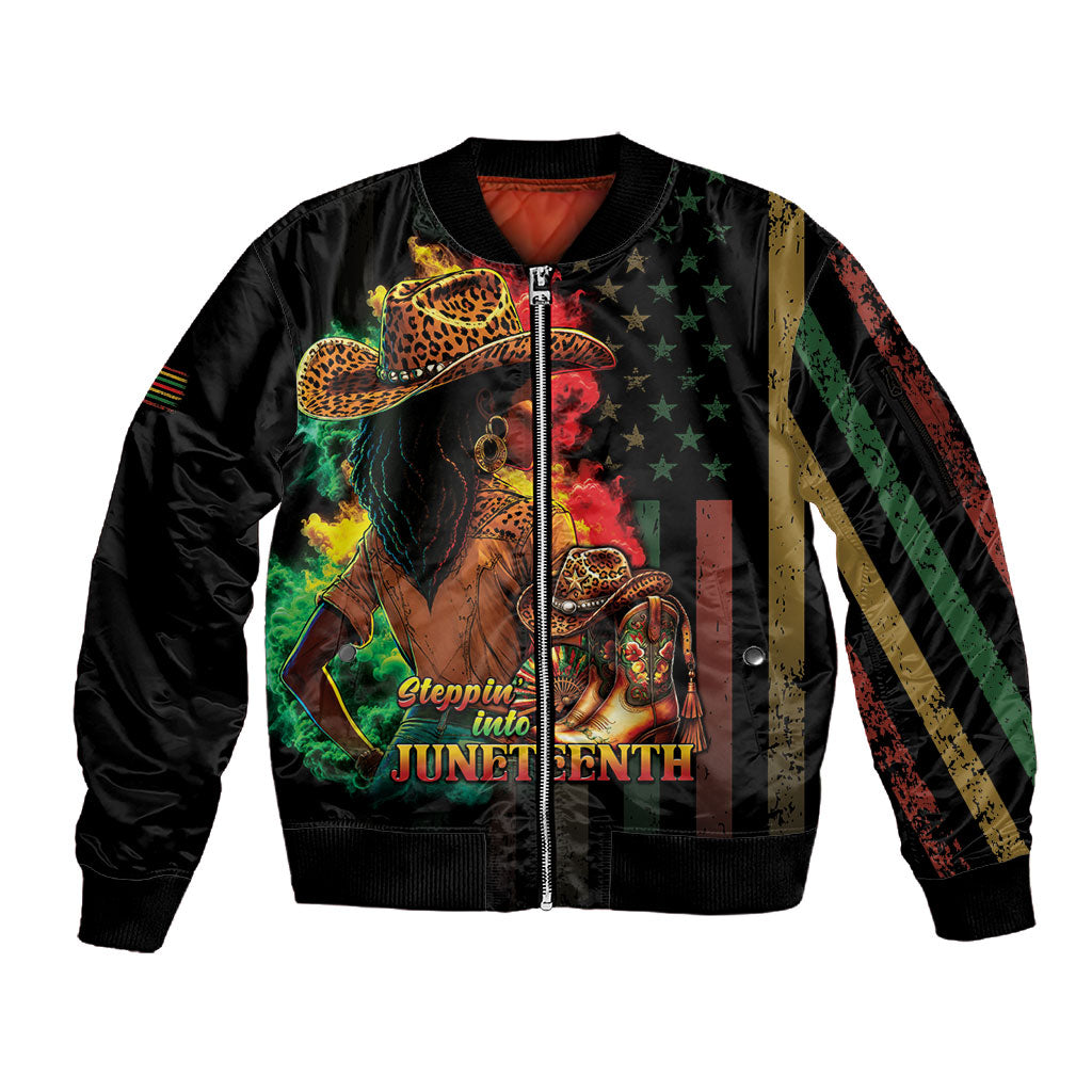 Steppin' into Juneteenth 1865 Sleeve Zip Bomber Jacket Melanin Cowgirl Grunge Style