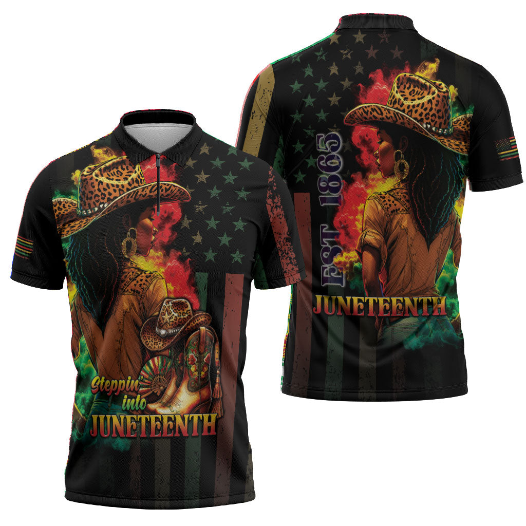 Steppin' into Juneteenth 1865 Zipper Polo Shirt Melanin Cowgirl Grunge Style