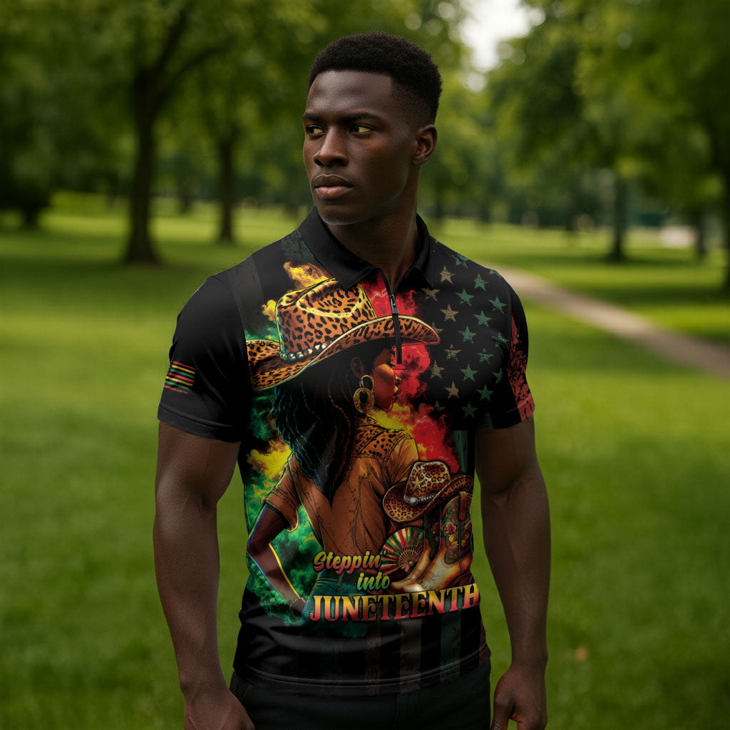 Steppin' into Juneteenth 1865 Zipper Polo Shirt Melanin Cowgirl Grunge Style