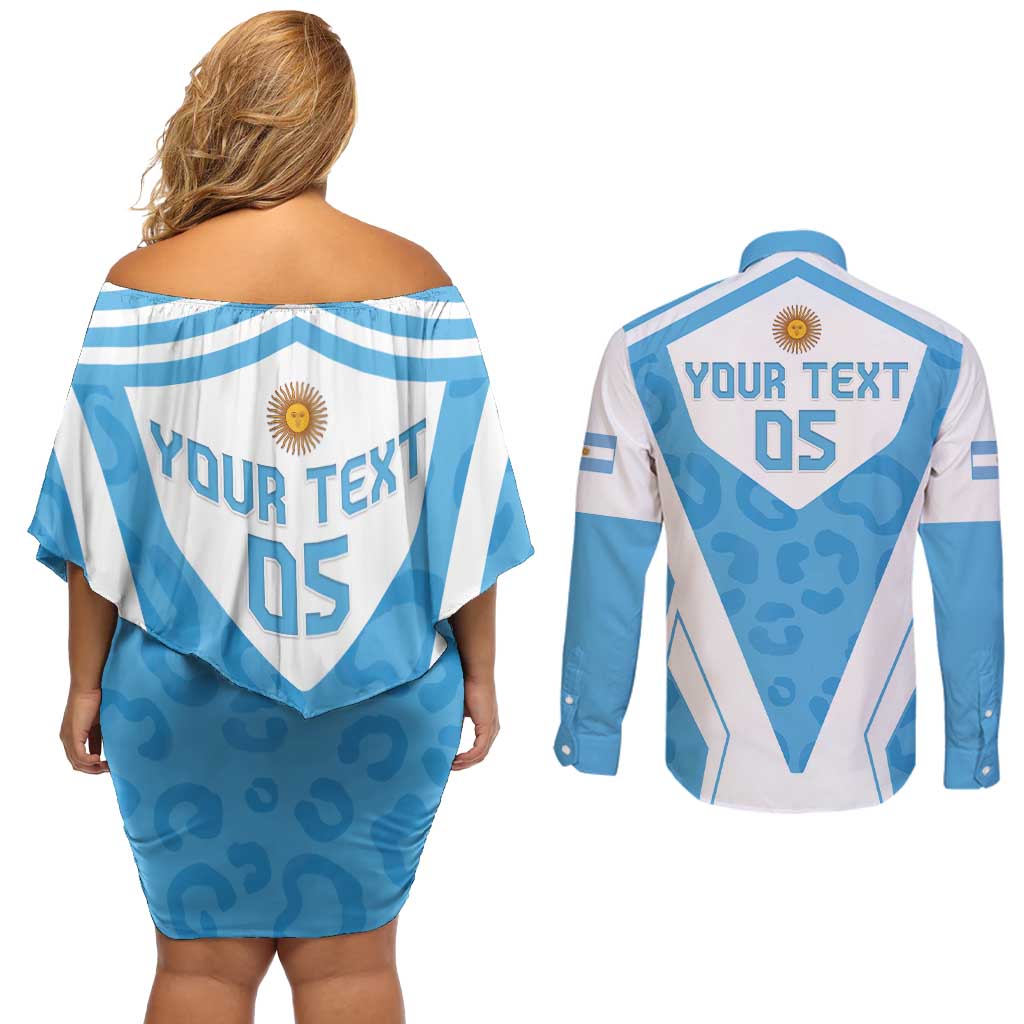 Custom Argentina Rugby 2024 Couples Matching Off Shoulder Short Dress and Long Sleeve Button Shirt Go Los Pumas Leopard Pattern LT05 - Wonder Print Shop