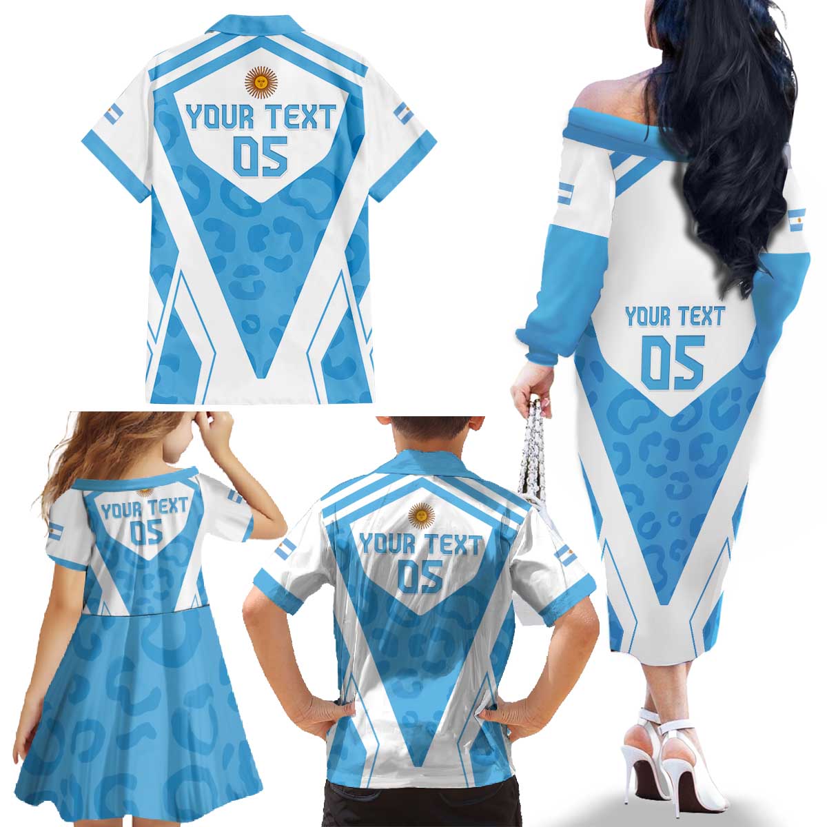 Custom Argentina Rugby 2024 Family Matching Off The Shoulder Long Sleeve Dress and Hawaiian Shirt Go Los Pumas Leopard Pattern LT05 - Wonder Print Shop