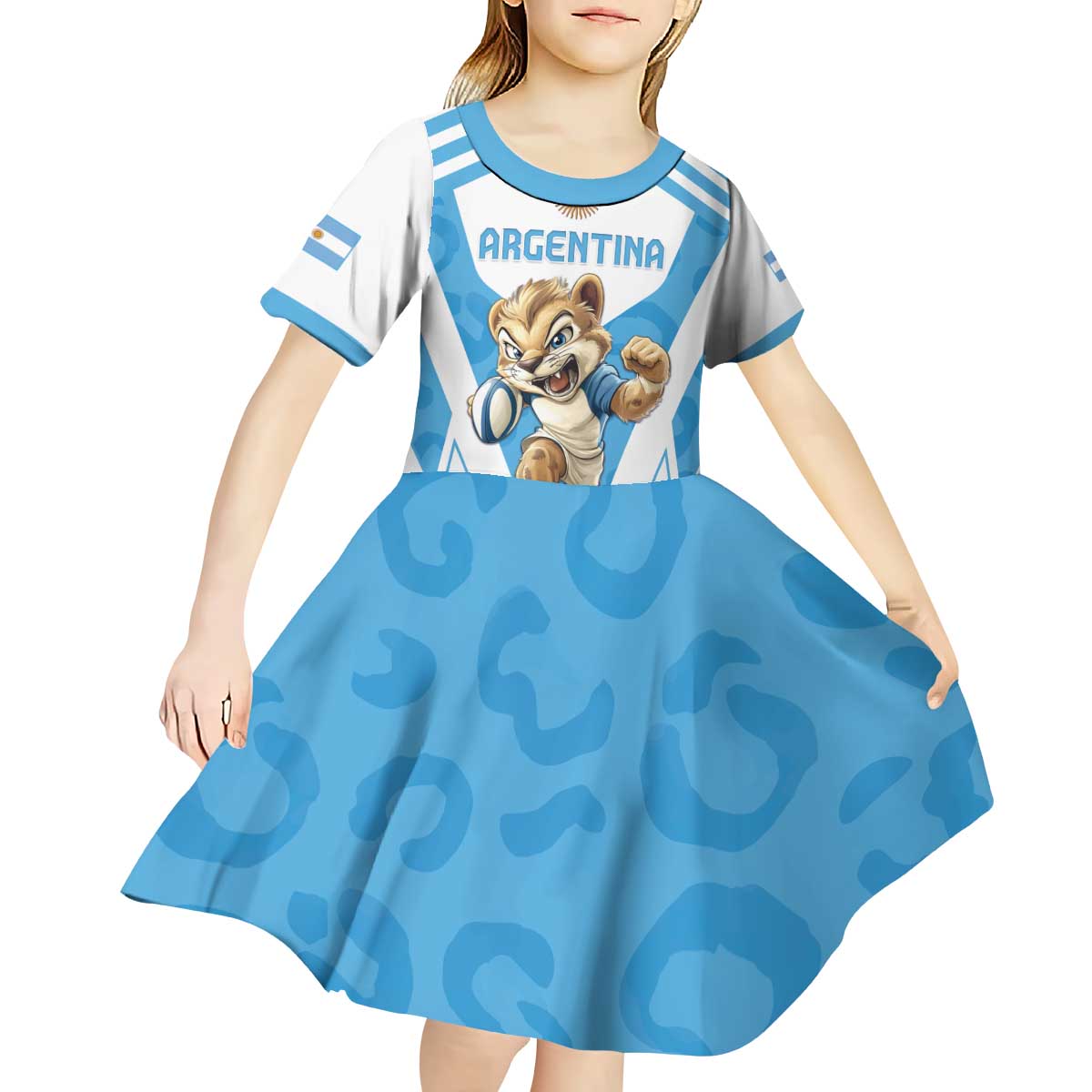 Custom Argentina Rugby 2024 Kid Short Sleeve Dress Go Los Pumas Leopard Pattern LT05 - Wonder Print Shop