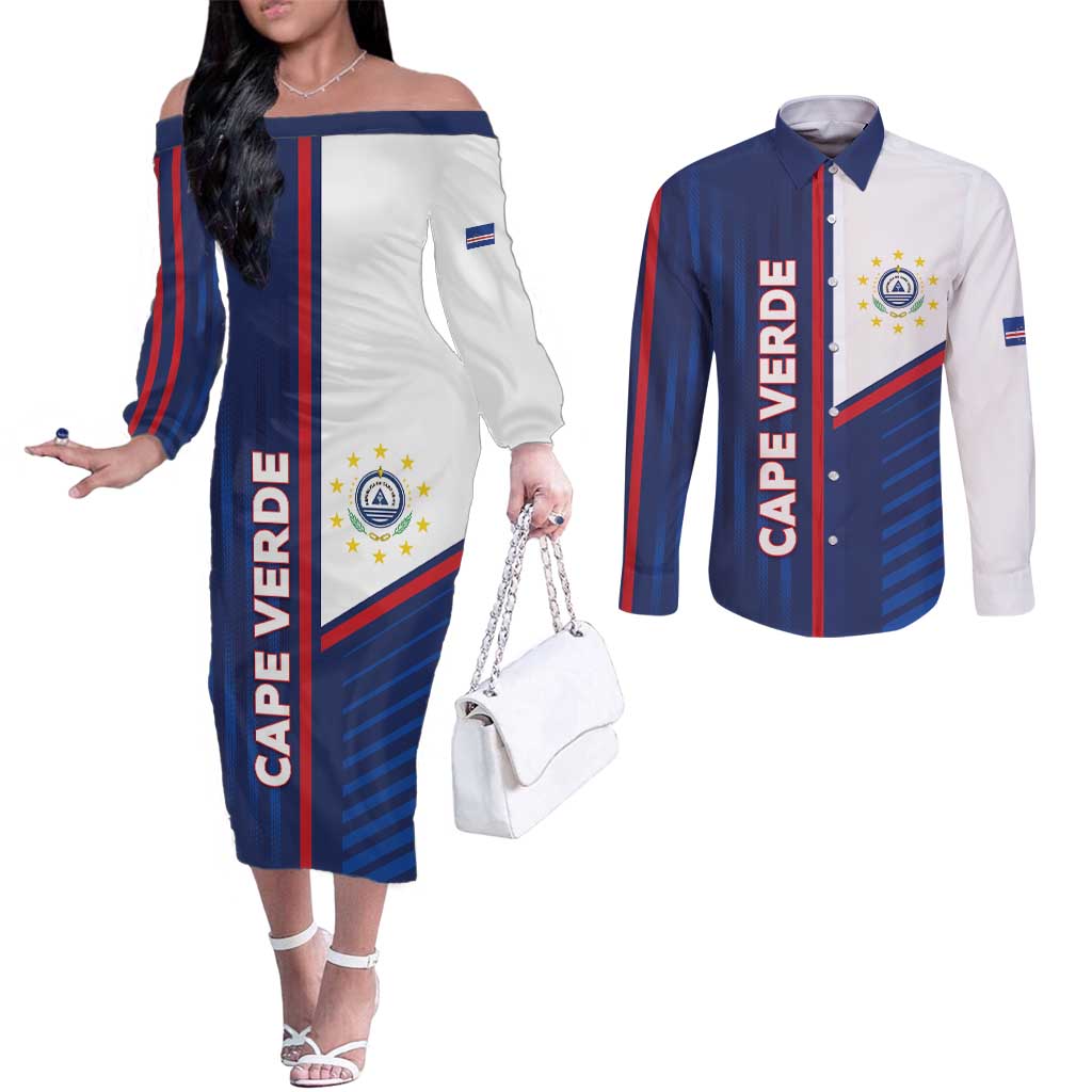 Custom Cape Verde Football Couples Matching Off The Shoulder Long Sleeve Dress and Long Sleeve Button Shirt Unique Style - Wonder Print Shop