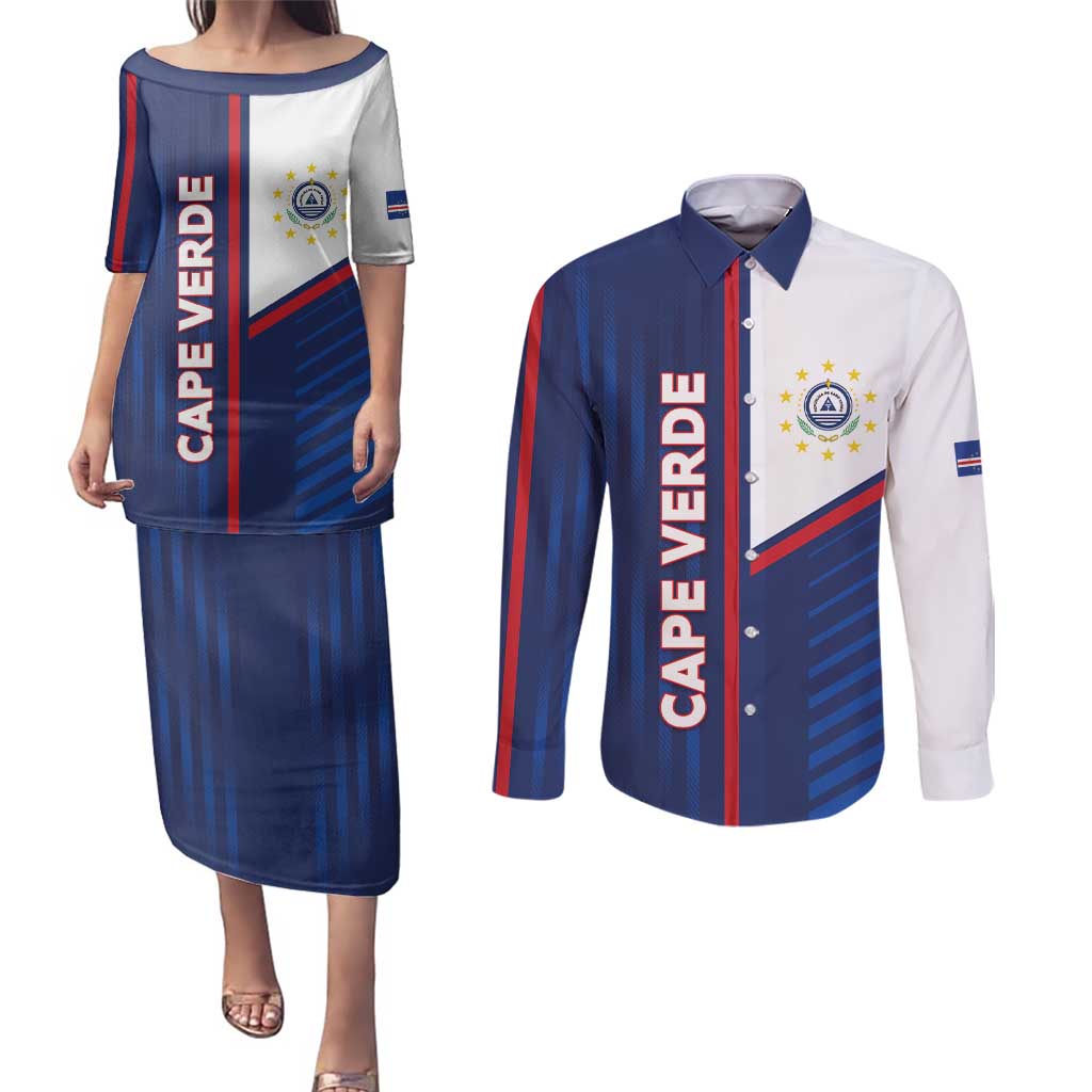 Custom Cape Verde Football Couples Matching Puletasi and Long Sleeve Button Shirt Unique Style - Wonder Print Shop